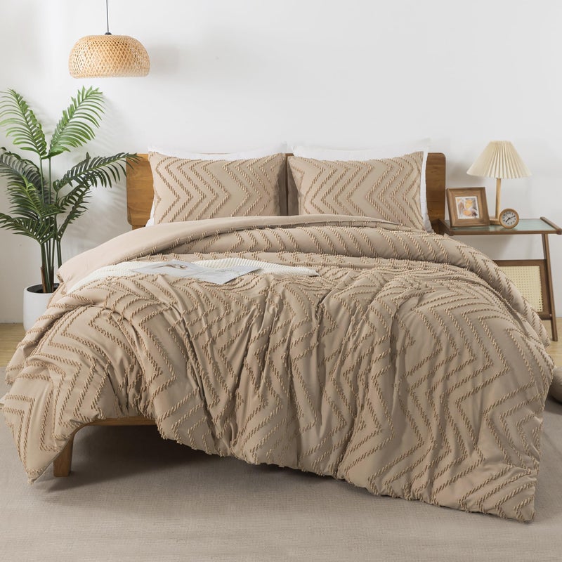 Andency Taupe Comforter Set Full Size, Boho Soft Warm Tufted Bedding Comforter Sets for Full Size Bed, 3 Pieces Aesthetic Chevron Farmhouse Cute Bohemian Textured Bed Set - Image 2